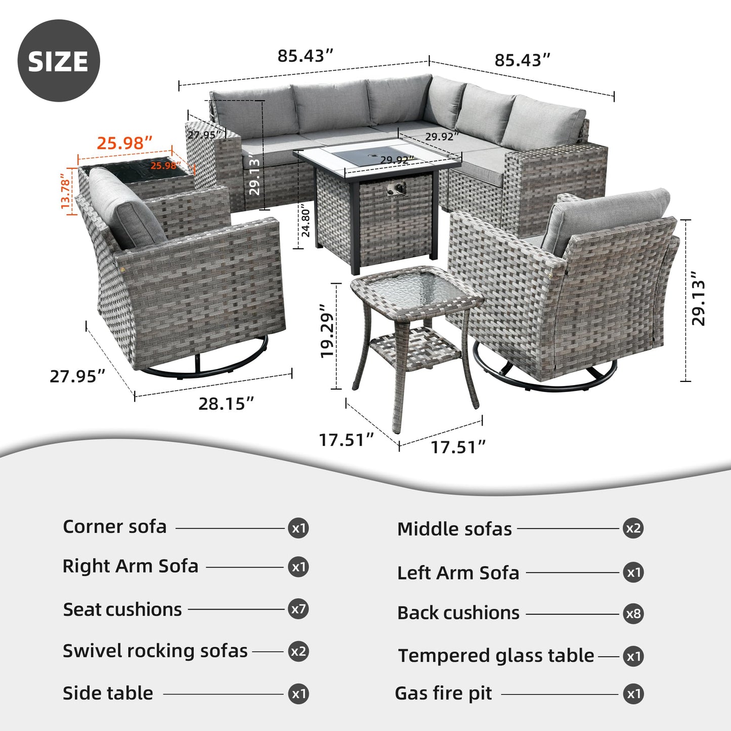 HOOOWOOO 10 Piece Modular Patio Outdoor Sectional Furniture Set with Gas Propane Fire Pit Table,Wicker Conversation Sofa Set with Swivel Chairs,Outside Couch Set(Dark Grey) - WoodArtSupply