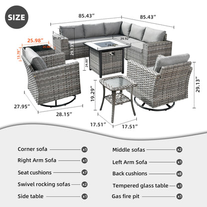 HOOOWOOO 10 Piece Modular Patio Outdoor Sectional Furniture Set with Gas Propane Fire Pit Table,Wicker Conversation Sofa Set with Swivel Chairs,Outside Couch Set(Dark Grey) - WoodArtSupply