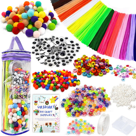 URSDIART 1000+Pcs Art and Craft Supplies, Colored Beads and Pipe Cleaners Crafts, Art Supplies DIY Craft Kit Beads for Bracelets Making Jewelry Necklace, Gift for Girls and School Supplies URSDIART