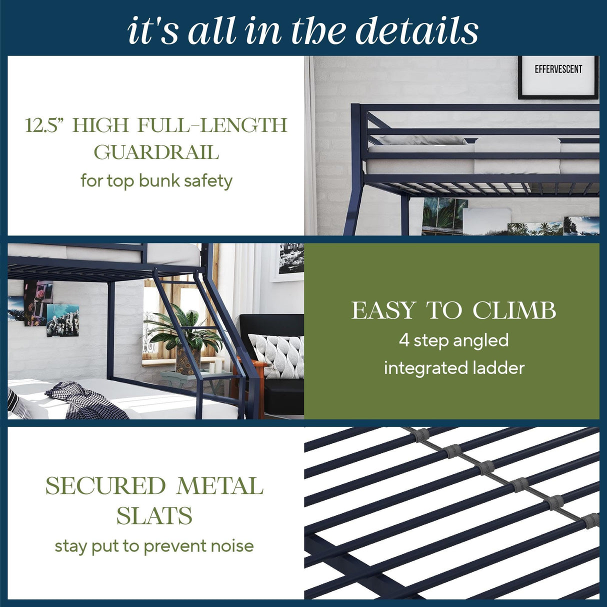 Novogratz Maxwell Twin-Over-Full Metal Bunk Bed with Ladder and Guardrails, Navy Blue Novogratz