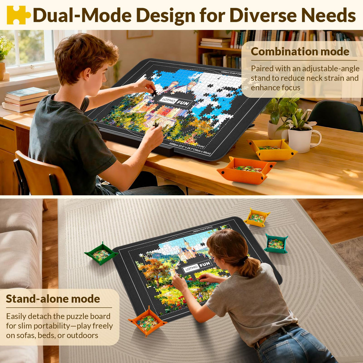 LOTMOFUN Puzzle Board for 1000 Pieces with Angle Adjustable Stand, Patented Lightweight Felt Jigsaw Puzzle Board with 6 Sorting Trays & Cover, Jigsaw Puzzle Table with Storage & Non-Slip Surface