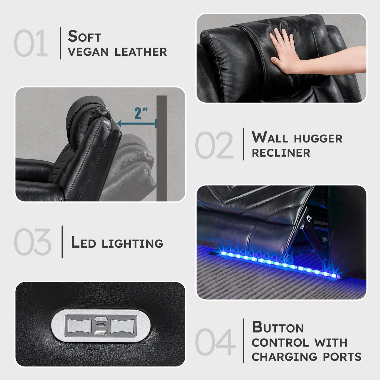 Lexicon Power Recliner Chair, Faux Leather Upholstered Home Theater Seating with LED Lighting, USB Charging Ports, Single Wall Hugger Reclining Chair for Living Room/Bedroom Easy Assembly, Black Lexicon