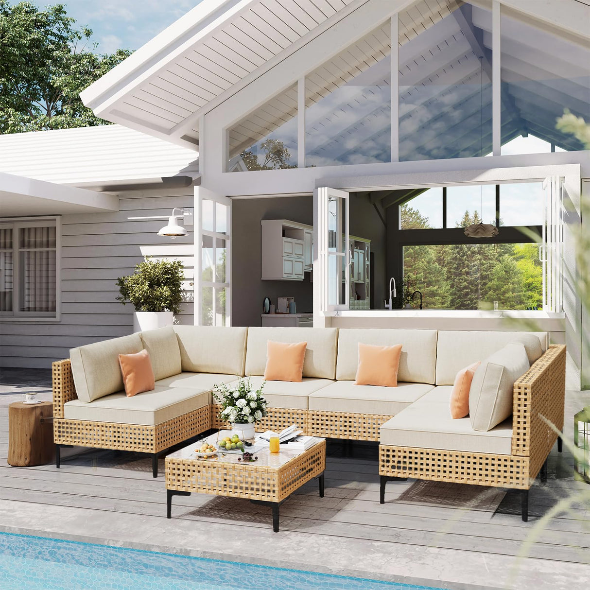 ABCASA Patio Furniture Set, 110" Large 7-Piece Wicker Outdoor Patio Furniture Sets with Coffee Table,Boho Patio Conversation Set Sectional Sofa with All-Weather Cushions for Backyard,Porch,Beige ABCASA