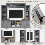 AMERLIFE 98" Farmhouse Entertainment Center Wall Unit with Bookshelves, Wine Cabinet, Fits 78" TVs, Large TV Stand with Power Outlets & Barn Door, Rustic Media Console for Living Room, Gray AMERLIFE