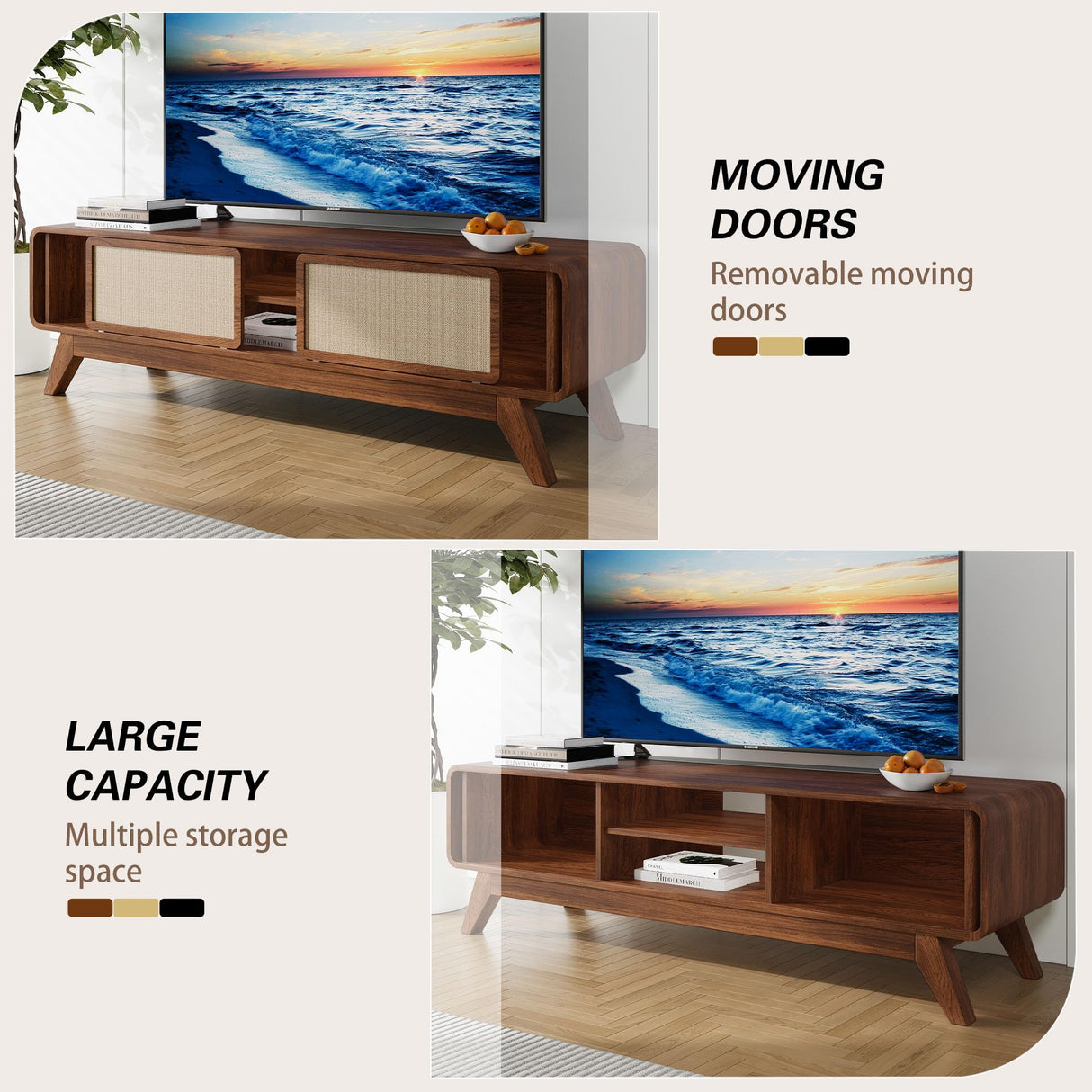AVZEAR Mid Century Modern TV Stand for TVs up to 65'', Farmhouse Entertainment Center with Storage, TV Cabinet Table with Nature Linen Doors, Media Console TV Consoles for Living Room Bedroom (Walnut) AVZEAR