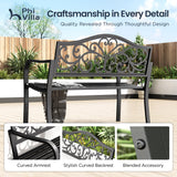 PHI VILLA 43 Inch Cast Iron Steel Frame Outdoor Garden Bench, Patio Furniture Chair Bench w/Floral Design Backrest, Slatted Seat for Park, Yard, Porch - Black PHI VILLA