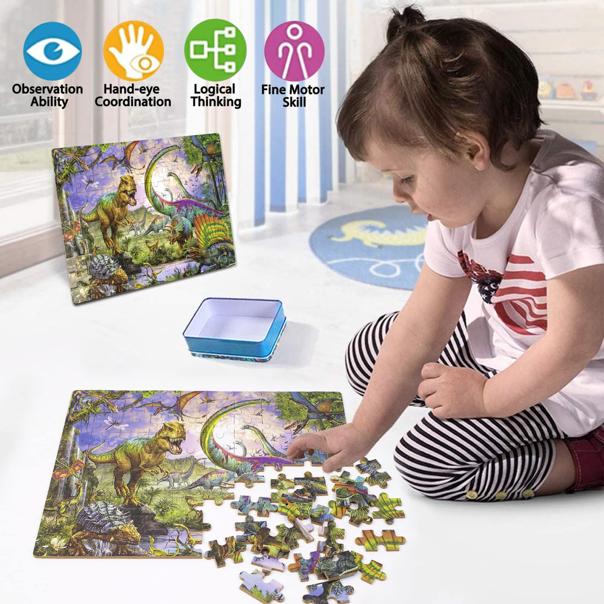 LELEMON Puzzles for Kids Ages 4-8,Dinosaur 100 Piece Puzzles for Kids,Educational Kids Puzzles Jigsaw Puzzles in a Metal Box,Children 100 Piece Puzzle Games Puzzle Toys for Girls and Boys LELEMON
