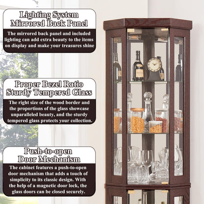 nifoti 69" H Lighted Curio Cabinet Corner Display Case,Corner Glass Cabinet with Tempered Glass Door and Adjustable Shelves,Wooden Curio case with Mirrored Back Pane (Style 2 - Dark Cherry)