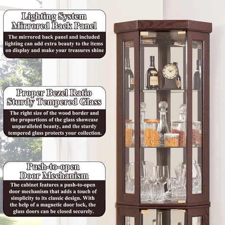 nifoti 69" H Lighted Curio Cabinet Corner Display Case,Corner Glass Cabinet with Tempered Glass Door and Adjustable Shelves,Wooden Curio case with Mirrored Back Pane (Style 2 - Dark Cherry) nifoti