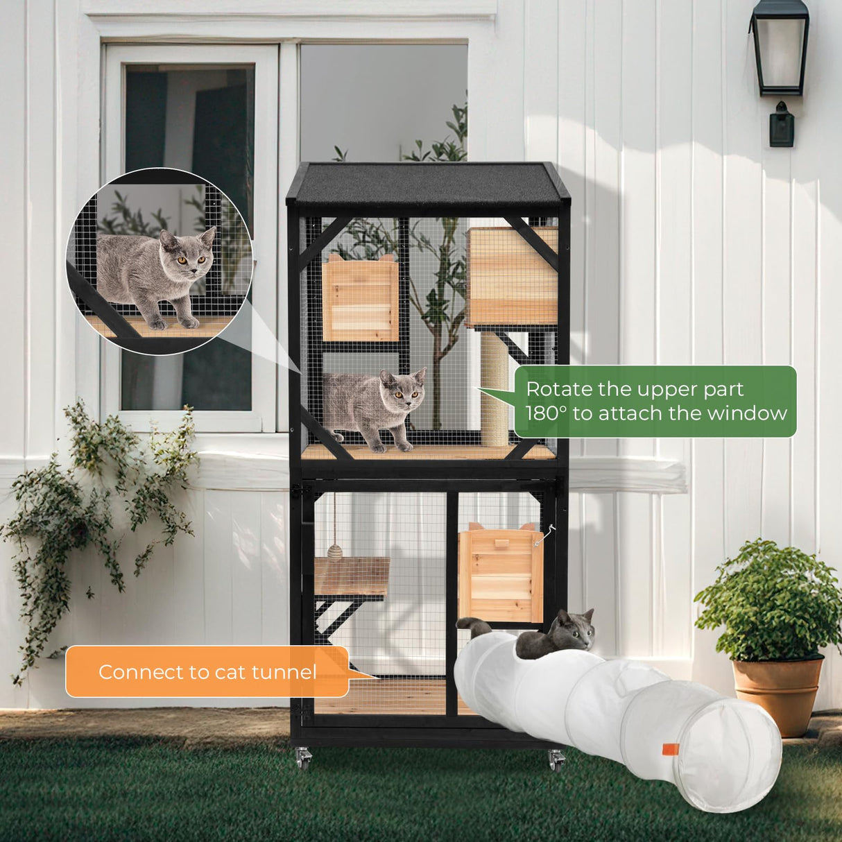 Nicedday Large Cat Catio, 4 Tiers Outdoor Cats House with Removable Platforms, Cat Outdoor Enclosure Window Access with Waterproof Cover, Indoor Catio with Caster nicedday