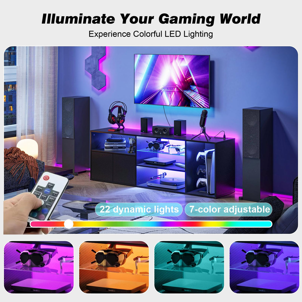 Viplive LED TV Stand for 55/60/ 65 Inch TV, TV Stand Table with PS5 Cabinet & Power Outlet, Black TV Stand for Living Room with Storage Drawer, TV Entertainment Center with RGB Lights for Bedroom Viplive