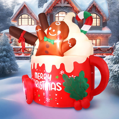 6.5 FT Christmas Inflatables Outdoor Decorations, Gingerbread Christmas Inflatable Hot Cocoa Mug with Built-in LEDs Blow Up Christmas Decoration for Garden Lawn Yard Patio Xmas Inflatable