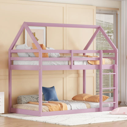 Twin Over Twin House Bunk Bed for Kids,Twin Size Low Bunk Beds with Ladder,Floor Bunk Bed Twin Over Twin,Solid Bunk Bed for Girls Boys,Pink