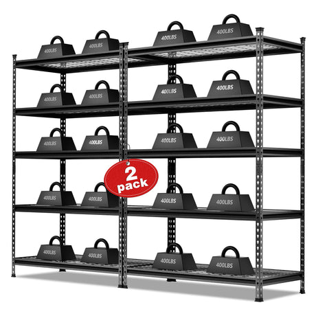 WORKPRO 5-Tier Metal Storage Shelving Unit, 48”W x 24”D x 72”H, Adjustable Storage Rack Heavy Duty Shelf, 4000 lbs Load Capacity (Total), for Garage, Kitchen, Bathroom, Warehouse, Black/Sliver, 2 Pack WORKPRO