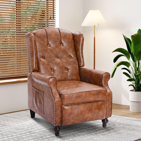 P.H.Furn Wingback Recliner Chair with Massage and Heat, Tufted Back PU Leather Living Room Armchair with Nailhead Trim,Push Back Recliner Chair with Remote Control,Padded Cushion (Tawny Brown) P.H.Furn