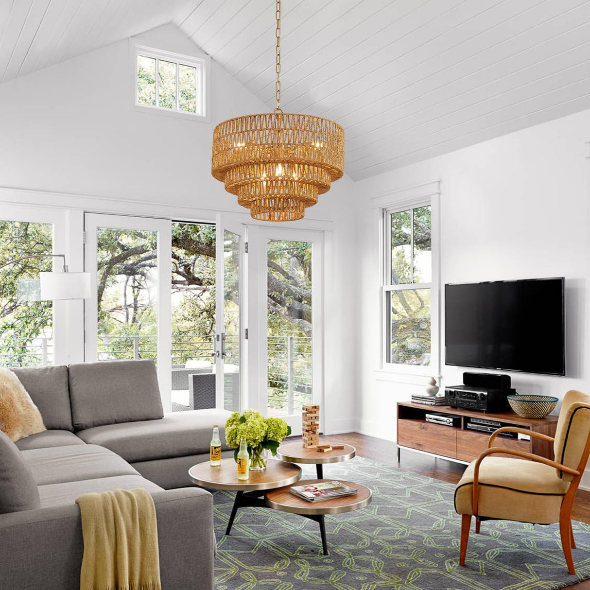 YOMECOO 19.7" Hand-Woven Rattan 6-Light Farmhouse Boho Bamboo Chandelier Light Fixture Retro Drum Wicker Golden Chandelier for Dining Room, Kitchen, E12 YOMECOO