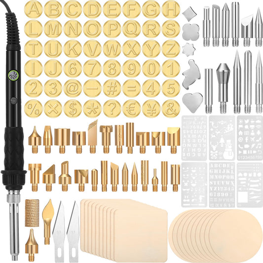 Lothee 136 Pieces Wood Burning Kit Wood Burning Tools Set Wood Burner Tips Adjustable Temperature Pen Stencils with Wood Chips for Wood Burner DIY Embossing Carving Crafts - WoodArtSupply