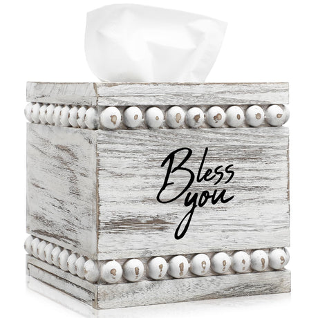 Lineshading Bless You Beaded Square Tissue Box Cover, Rustic Farmhouse Wooden Tissue Holder Vintage Tissue Box Distressed Napkin Holder for Table Bathroom Decor (White) Lineshading