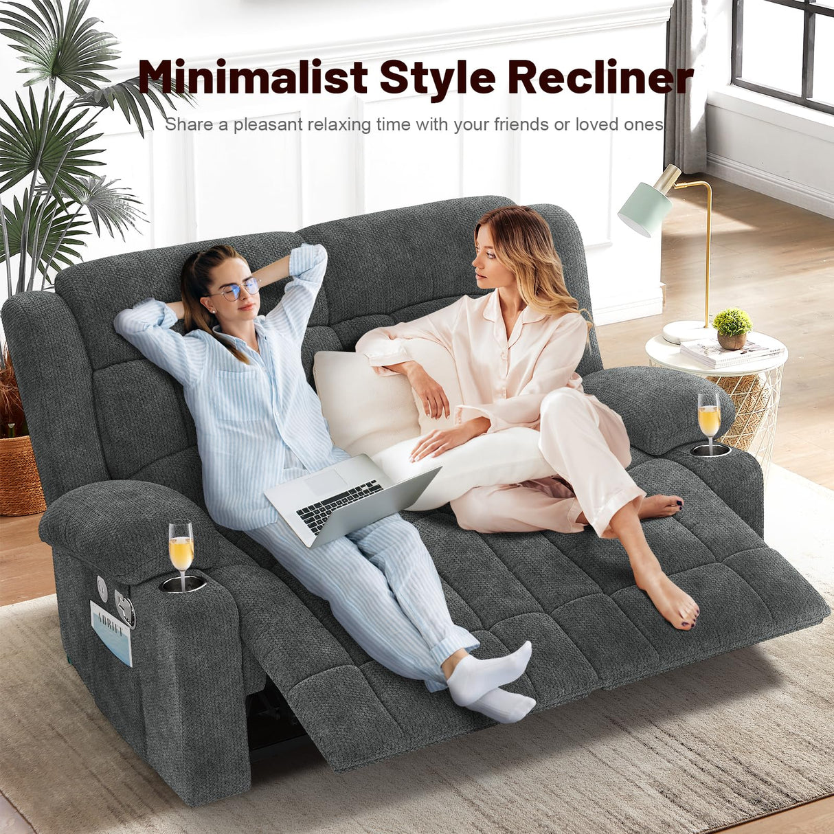 IROSTAE Loveseat Recliner Sofa, 2 Seater Minimalist Style Fabric Manual Pull Tab Reclining Loveseat with USB Charge Ports, Cup Holders, Recliner Love Seat Couches for Living Room, RV, Gray IROSTAE