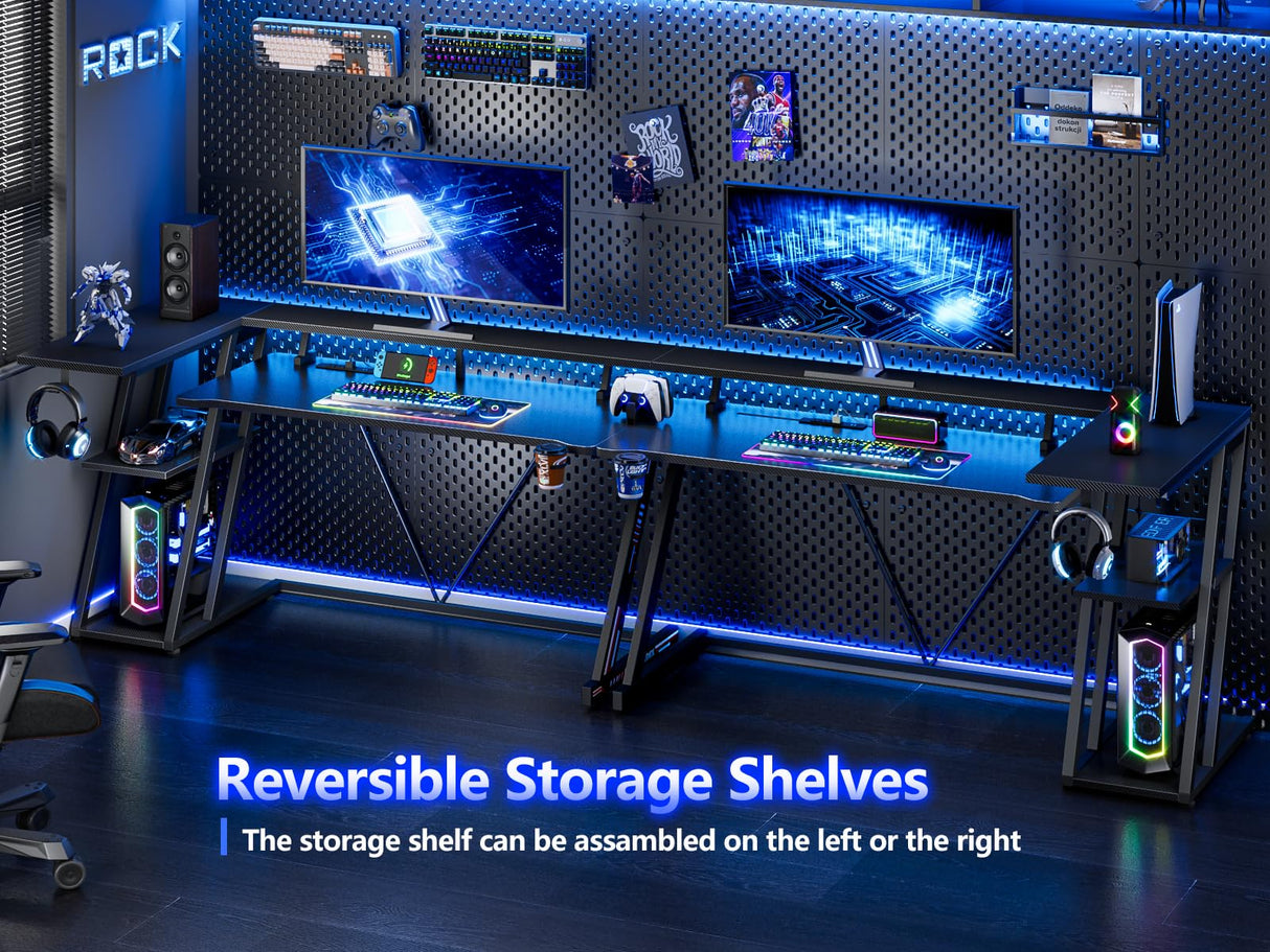 Korfile Computer Gaming Desk with Power Outlet & LED Lights, Reversible L Shaped Gamer Table with Storage Shelves for Bedroom, Corner Home Office Desk, 55 Inch, Carbon Fiber Black Korfile