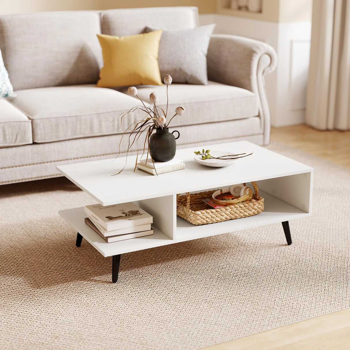 GOFLAME Wood Coffee Table, 2-Tier Mid Century Modern Center Table with 2 Open Storage Compartments & Metal Legs, Rectangular Accent Tea Tables for Living Room, Home Office, Apartment, White GOFLAME