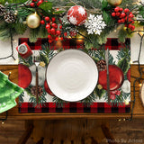 Artoid Mode Red Black Buffalo Plaid Holly Pine Cones Christmas Balls Placemats Set of 4, 12x18 Inch Seasonal Winter Table Mats for Party Kitchen Dining Decoration Artoid Mode