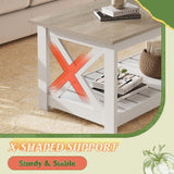 WLIVE Farmhouse Coffee Table for Living Room, 40.1" Rustic Center Table with X-Frame Support & Storage Shelf, 2-Tier Wood Coffee Tables for Bedroom & Balcony, Grey & White WLIVE