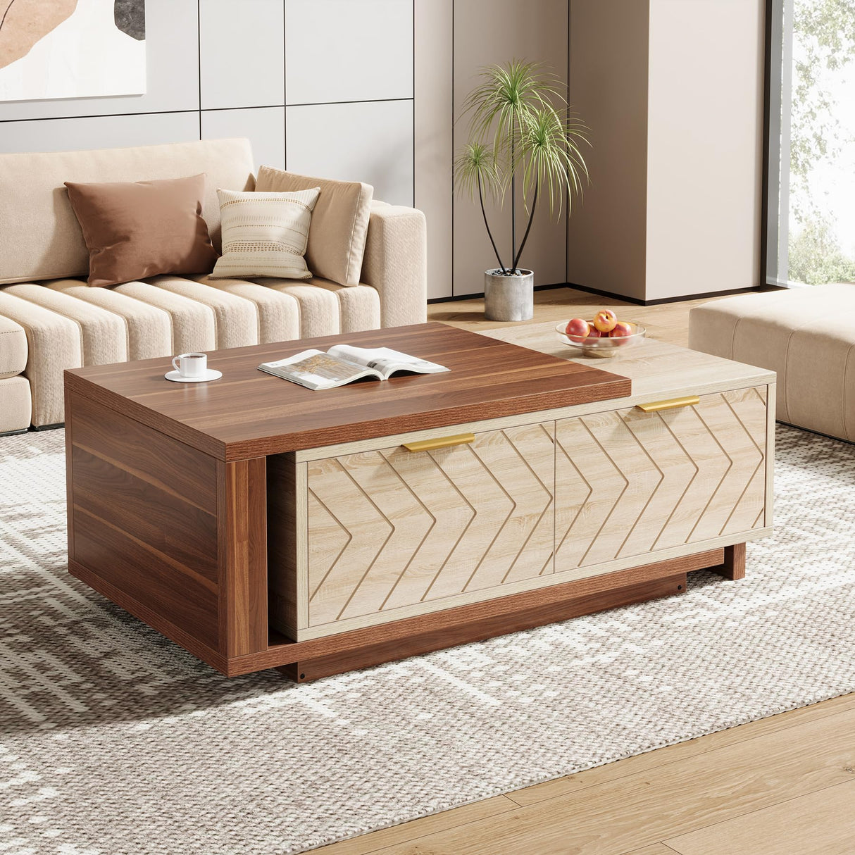 Tribesigns Adjustable Extendable Coffee Table with 2 Drawers, 42"-65" Length Reversible Center Table Storage for Living Room with for Living Room (Walnut & Oak) Tribesigns