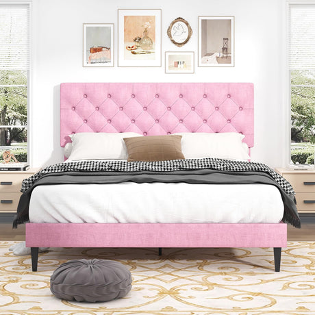 Queen Bed Frame, Upholstered Platform Bed with Button Tufted Headboard, Fabric Queen Size Beds with Wooden Slats Support, No Box Spring Required, Easy Assembly, Pink BarnFurin