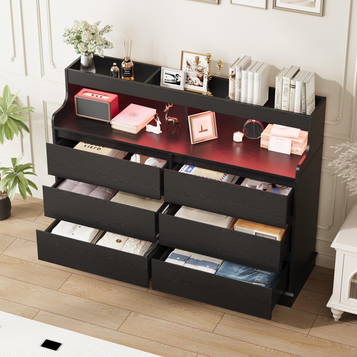 Dresser for Bedroom, 6 Drawer Dresser with LED Lights and Charging Station, Wide Chest of 6 Drawers with Open Space, Modern Large Capacity Storage Cabinet, Living Room, Hallway, Black GarveeHome