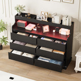 Dresser for Bedroom, 6 Drawer Dresser with LED Lights and Charging Station, Wide Chest of 6 Drawers with Open Space, Modern Large Capacity Storage Cabinet, Living Room, Hallway, Black GarveeHome