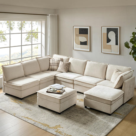 HULALA HOME Modular Sectional Sofa, Oversized 8 Seat U Shaped Couch with Storage Ottoman, Comfy Chenille Sofa with Deep Seat, Convertible Sectional Couches for Living Room, Beige HULALA HOME