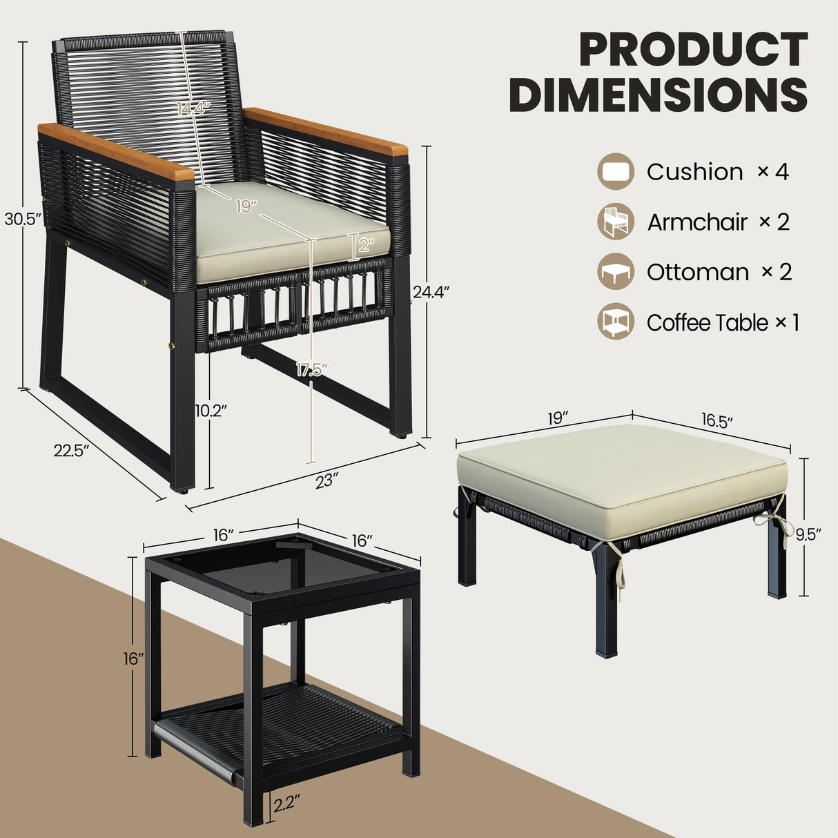 Yaheetech 5-Piece Outdoor Conversation Set, Wicker Rattan Patio Furniture Set w/Rattan Armchairs, 2-Layer Side Table, Ottomans, Acacia Wood Armrests & Metal Frame for Backyard, Porch, Balcony Yaheetech