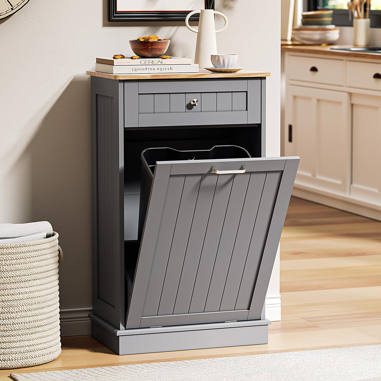 Spurgehom 13 Gallons Tilt Out Trash Cabinet Kitchen Waste Bins Free Standing Laundry Hamper Recycling Cabinet Trash Can Holder with Hideaway Drawer Pet Proof Trash Can for Living Room, Grey Spurgehom