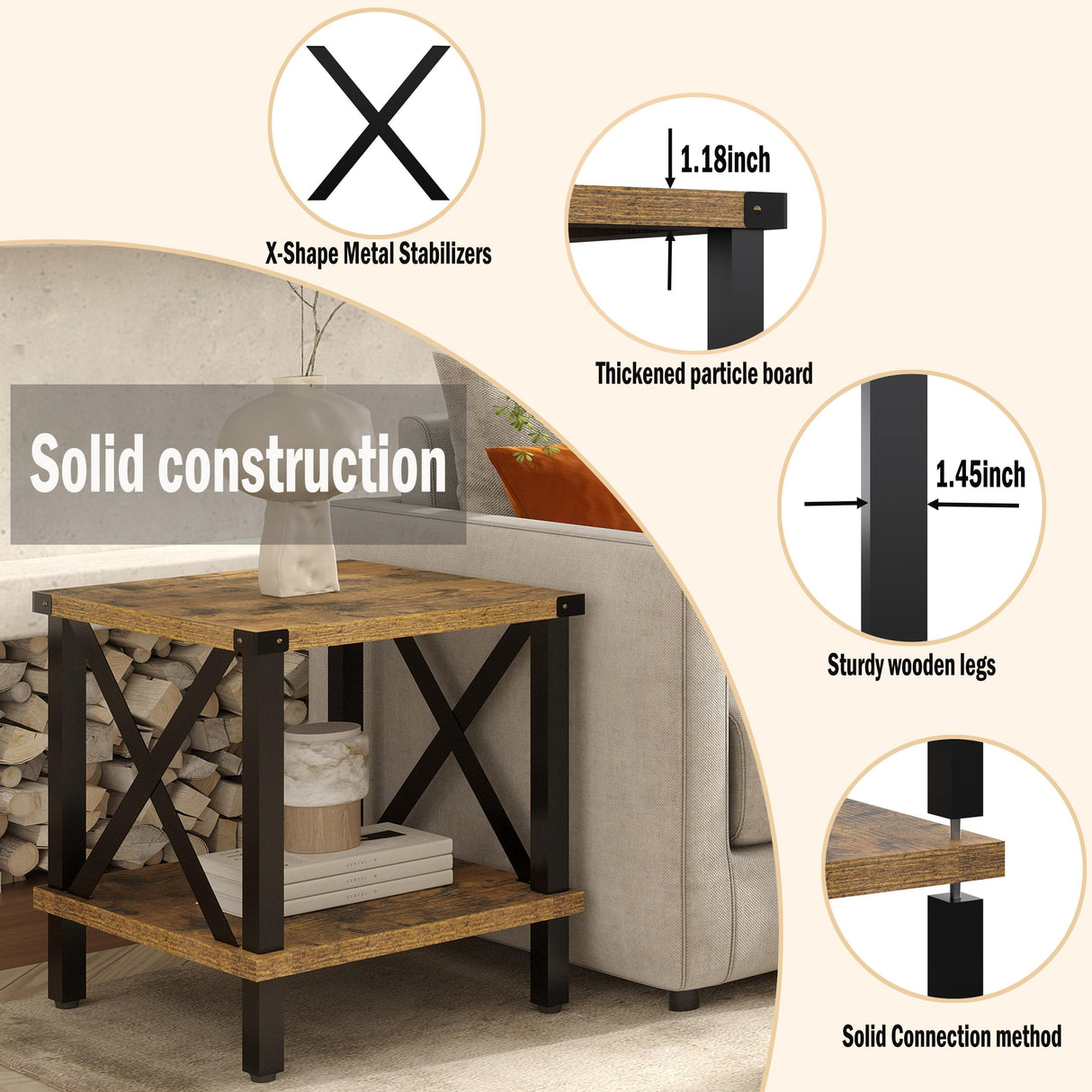 MMEOLUOOK Large End Table Farmhouse Side Table Industrial Style Sofa Table Coffee Table Metal X Wood Accent End Table NightStand with Storage Shelf for Living Room Bedroom MLBZ16R MMEOLUOOK