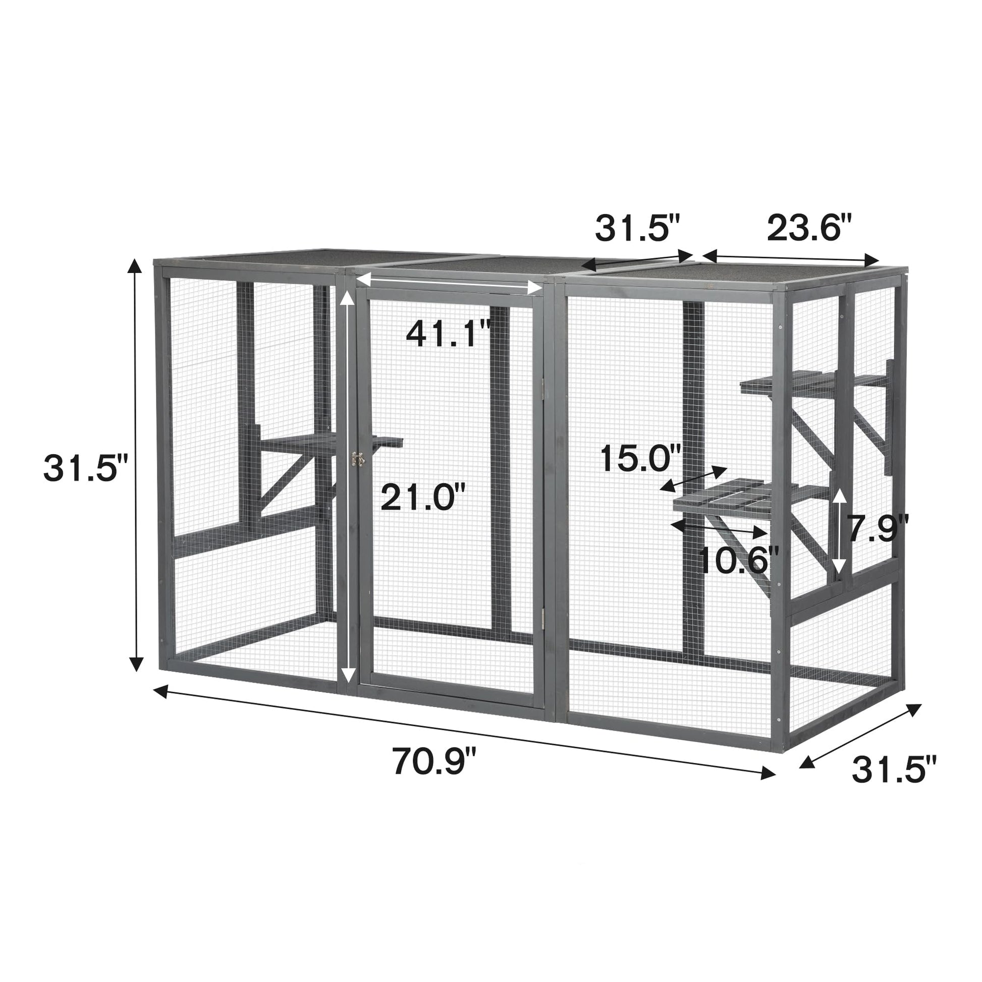 OELUBBY Large Cat Cage Enclosure Wooden Pet Run House with Waterproof Asphalt Planks, 71'' x 32'' x 44'' Animals Outdoor Cat Catio with 3 Activity Platforms, Grey - WoodArtSupply