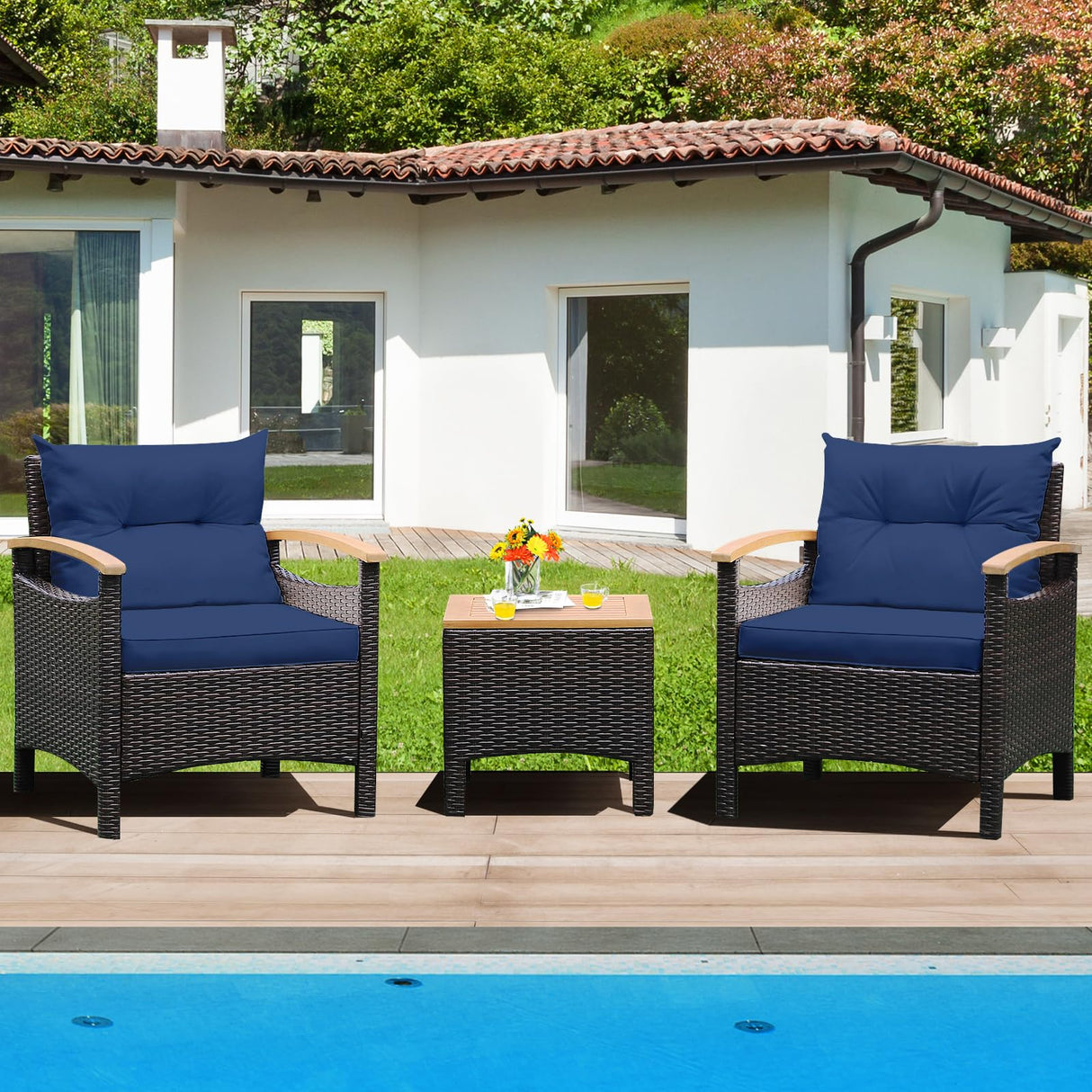 KOTEK 3 Piece Patio Furniture Set, Outdoor Conversation Set with Removable Cushions, Acacia Wood Tabletop and Armrests, PE Rattan Wicker Bistro Set for Porch, Balcony, Backyard (Navy Blue) KOTEK