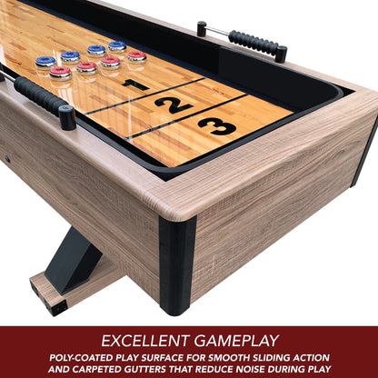 Hathaway Excalibur 9-Ft Shuffleboard Table for Great for Family Recreation Game Rooms, Designed with a Rustic Driftwood Finish with Built-In Leg Levelers, Includes 8 Pucks, Table Brush and Wa - WoodArtSupply