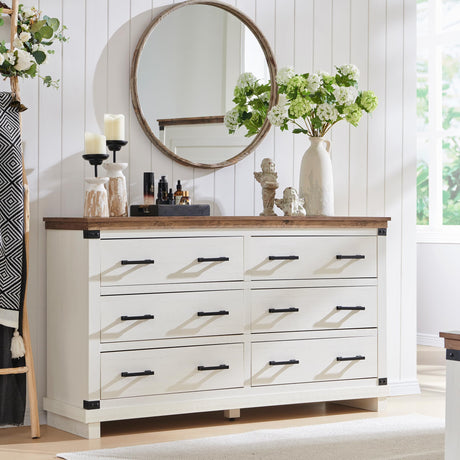 Farmhouse 6 Drawers Dresser for Bedroom, Wood Large Chest of Drawers with Thick Plank Styling, Rustic Closet Dresser for Bedroom or Living Room, Antique White RedLemon