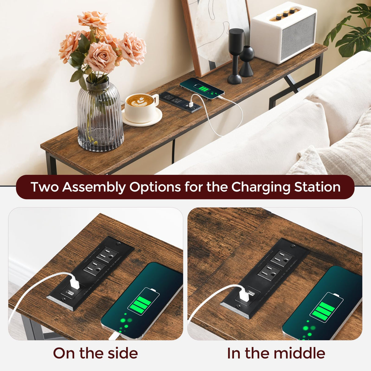 MAHANCRIS Sofa Console Table, 44.9" Entryway Table with Power Station, Narrow Couch Table, Hallway Table, Sofa Table with USB Ports, Metal Frame, for Entrance, Living Room, Rustic Brown CTHR113E01 MAHANCRIS