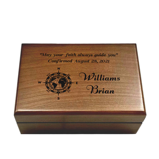 Engraved Confirmation Wooden Box, Compasses with Scripture for First Communion Keepsake Box, Baptism Gift for Godchild, Bible Verse Gift - WoodArtSupply