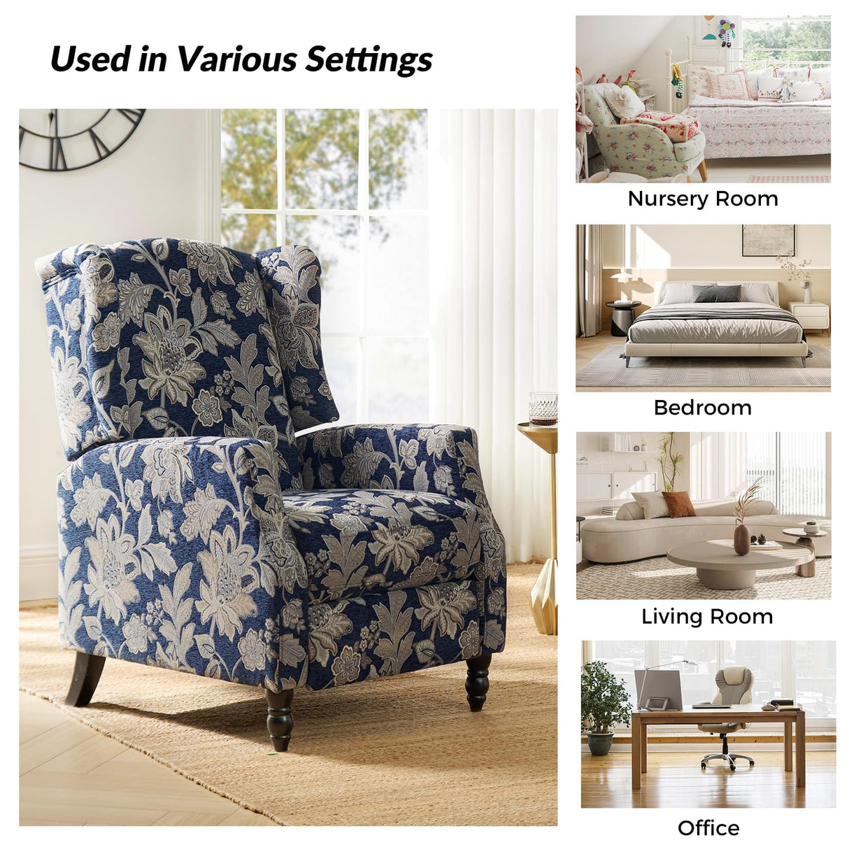 Upholstered Wingback Recliner Chair, Traditional Push Back Recliner Sofa, Mid Century Modern Lounge Armchair for Living Room, Home Theater Accent Chairs Recliners Couches (Garden) TINA'S HOME