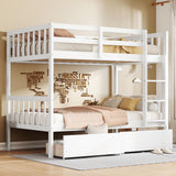 Twin Over Twin Bunk Bed with Storage Drawers, Solid Wood bunk Bed with Ladders and Raised Guardrails for Kids, Convertible into 2 Twin Beds, Bunk Bed Twin Over Twin, White Bellemave