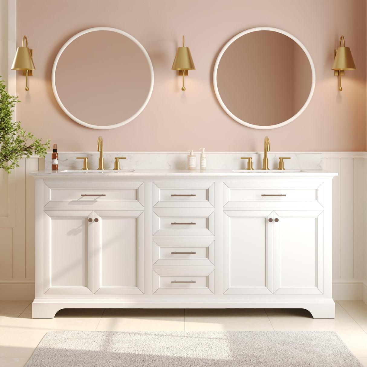 Deer Valley 72'' Bathroom Vanity with Double Sink Top, Pre-Assembled Modern Wood Bathroom Cabinet Sink Combo with Backsplash, Soft Closing Doors, Multifunctional Storage Space Vanity (White) Deer Valley