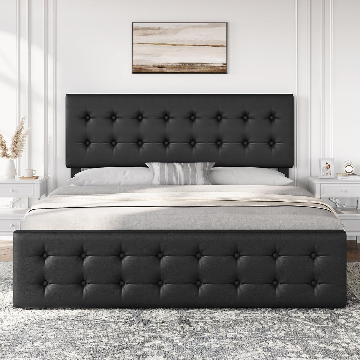 GarveeHome King Size Bed Frame with 4 Storage Drawers and Faux Leather Upholstered Headboard, Wooden Slats Support, Button Tufted Design, No Box Spring Needed, Black GarveeHome