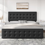 GarveeHome King Size Bed Frame with 4 Storage Drawers and Faux Leather Upholstered Headboard, Wooden Slats Support, Button Tufted Design, No Box Spring Needed, Black GarveeHome
