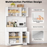 YBXGO 71'' Kitchen Pantry Cabinet with LED Light and Charging Station, Tall Kitchen Hutch Storage Cabinet with Microwave Stand, Modern Buffect Cabinet with Adjustable Shelves, Handless Design, White YBXGO