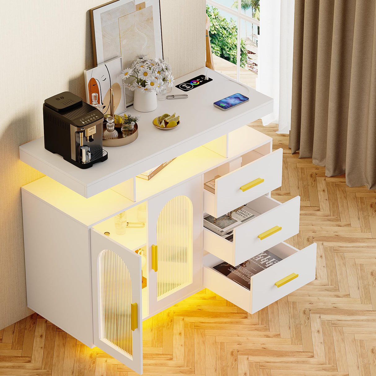 JDPAG Sideboard Buffet Cabinet with Wireless Charging Station 40", LED Side Board with 24 RGB Dimmable Lights, Coffee Bar Cabinet with 3 Drawers Storage for Kitchen, Living Room JDPAG