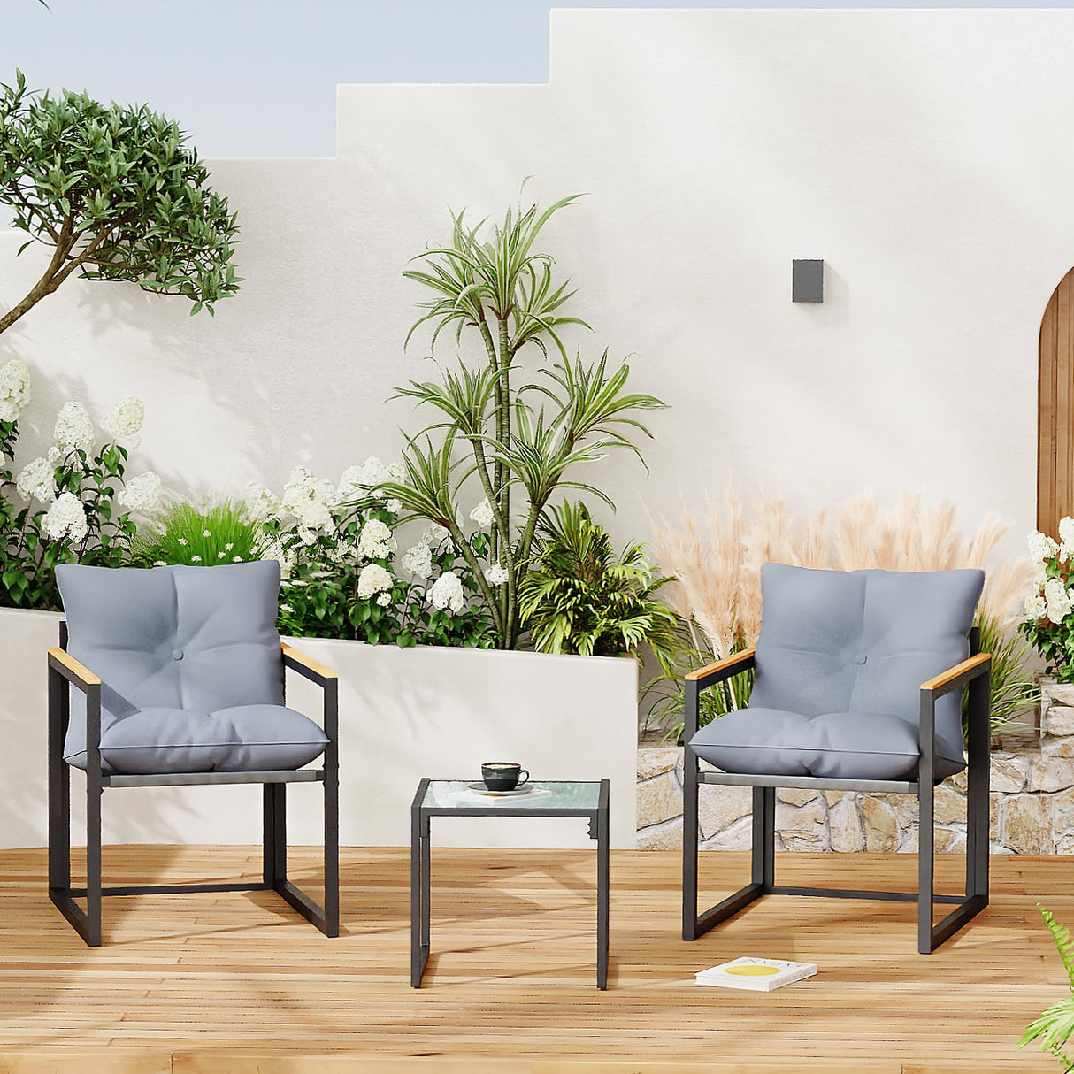 DIMOFAP 3 Piece Patio Furniture Set, Outdoor Porch Chairs Set of 2, Balcony Furniture for Apartment with Chairs & Table, Included Thick Comfy Cushions, Perfect for Porch, Balcony, Deck DIMOFAP