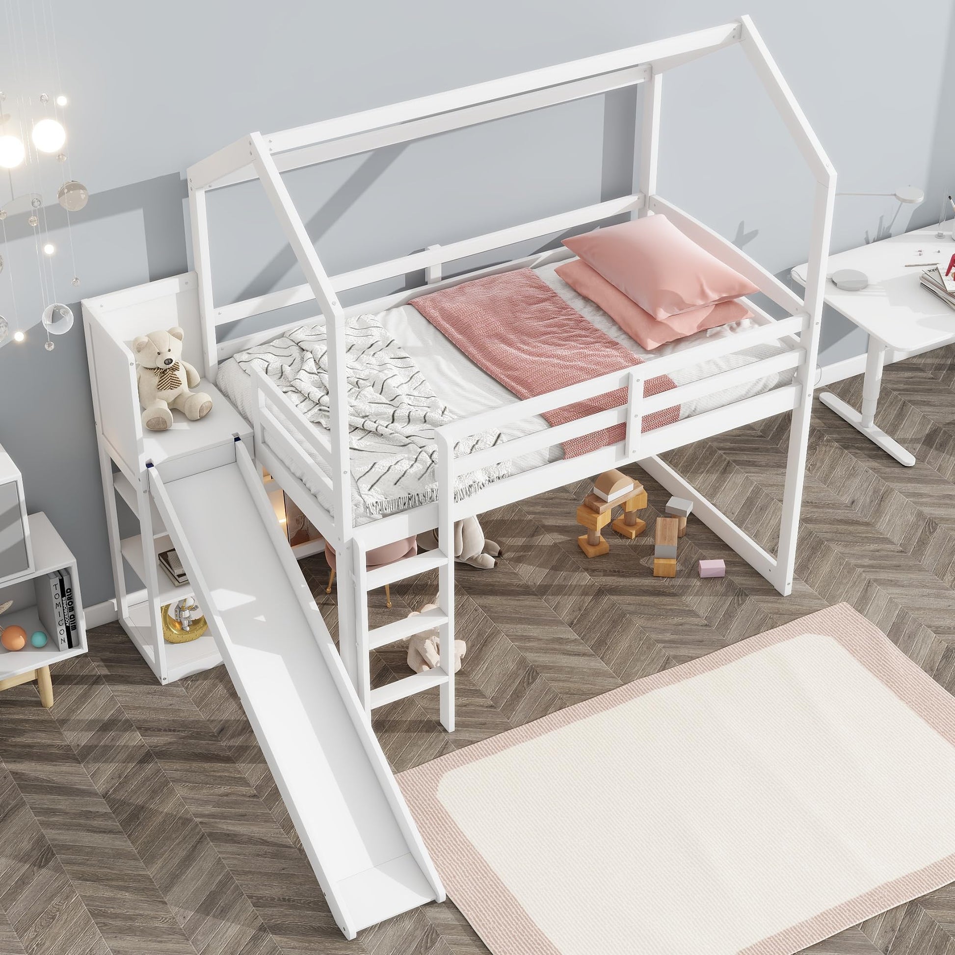 Merax White Twin Size House Loft Bed with Slide and Storage Shelves for Kids - WoodArtSupply